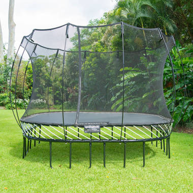 Trampoline with outlet enclosure and ladder